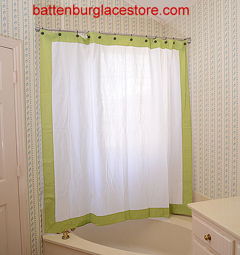 Shower Curtain. White with Macaw Green border - Click Image to Close